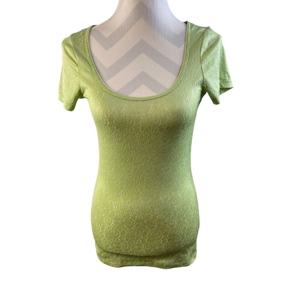 BKE Boutique Women's Short Sleeve Top Sequin Lace Green Silver Lightweight